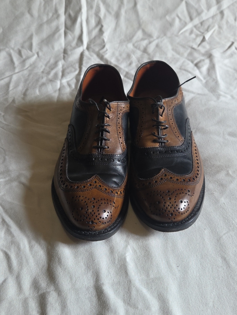Allen Edmonds Two-Tone Brown and Black " Broadstreet" Wingtip Oxfords.